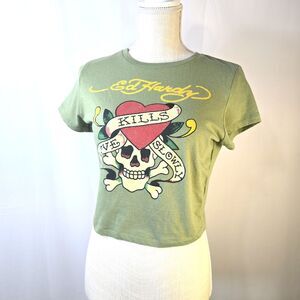 Ed Hardy Crop Top Tee T-shirt Love Kills Slowly Olive Green Junior's Size Large